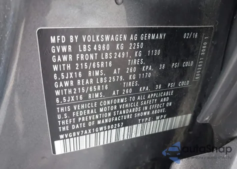 2016 Volkswagen Tiguan S из США, поврежденный, VIN WVGBV7AX1GW590257